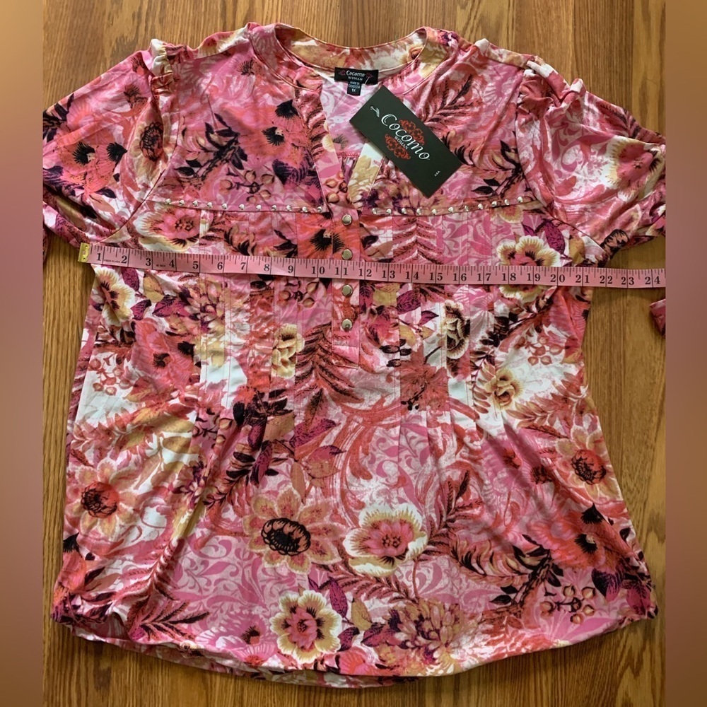 COCOMO 1X Pink Floral Plus Size 3/4 sleeve women’s Pintuck Blouse top sh… - Picture 10 of 12